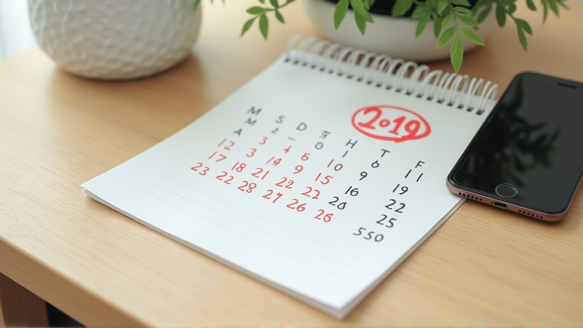 デスクの上にカレンダーとスマートフォンが置かれ、請求日にマークがつけられている様子