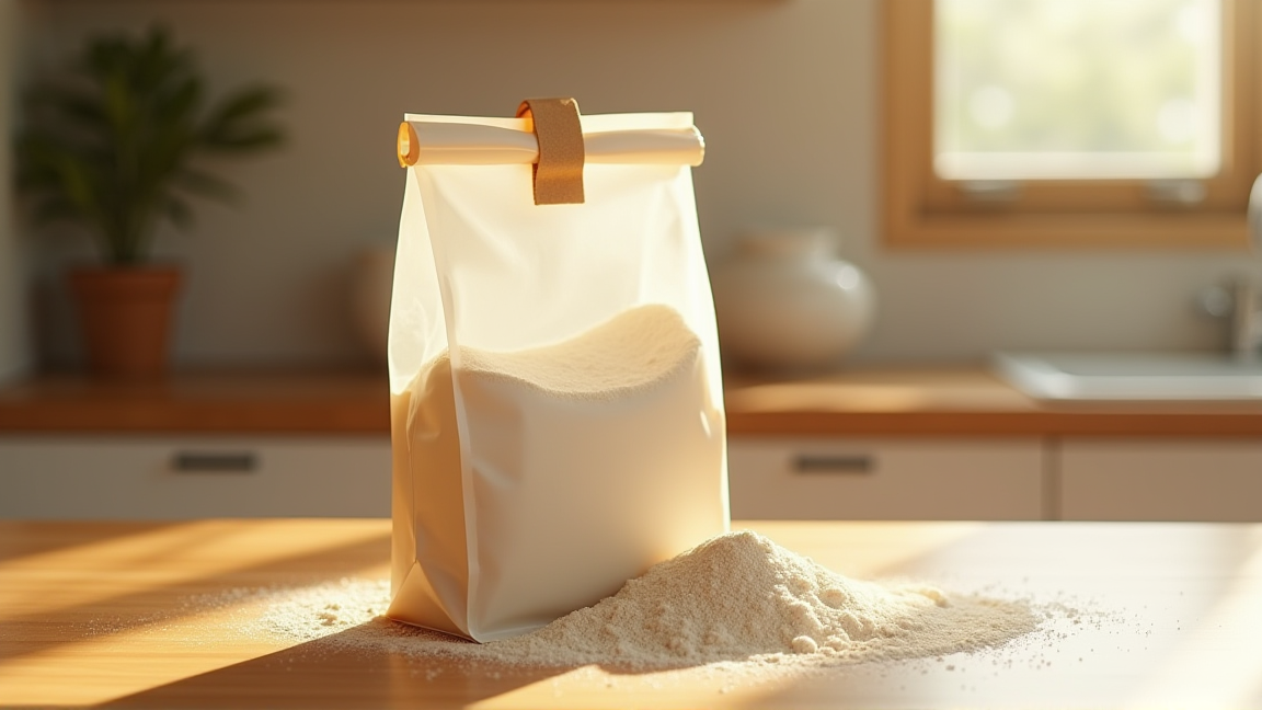 小麦粉の袋を開封してキッチンに置いた様子