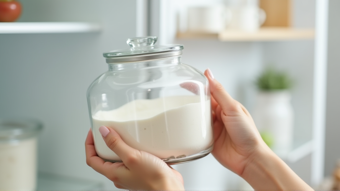 密閉容器に入った小麦粉を冷蔵庫にしまう手元