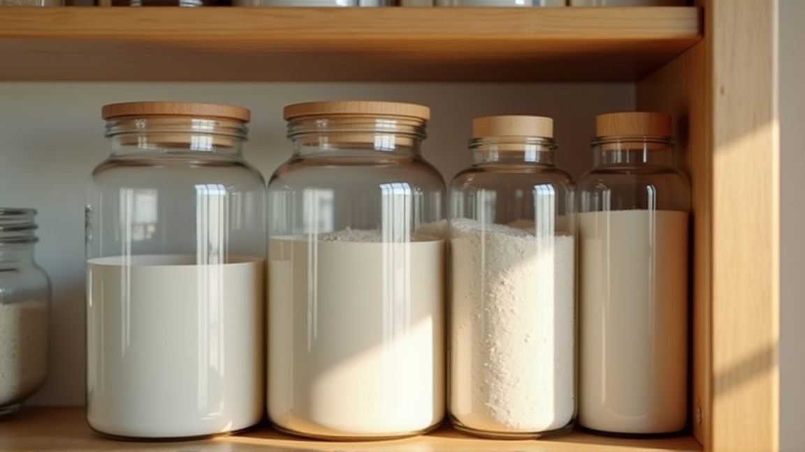 キッチンの棚に並ぶ密閉容器に入った粉もの類