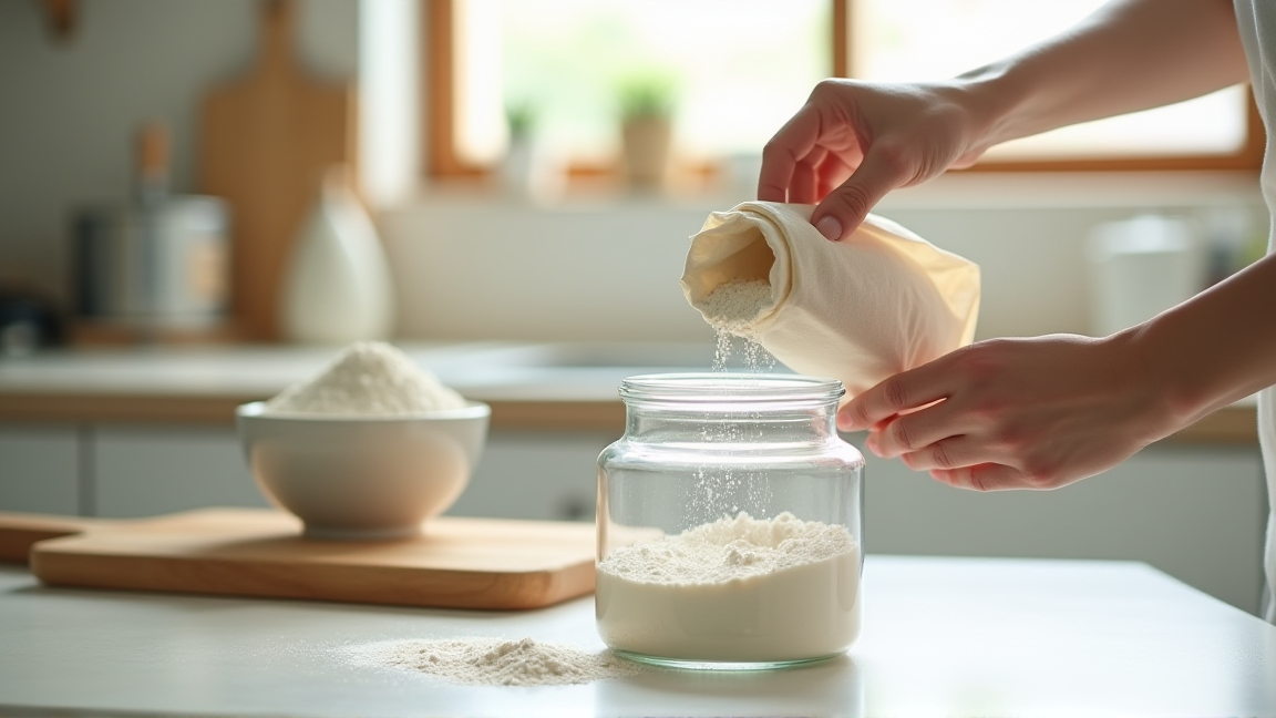 清潔なキッチンで密閉容器に小麦粉を移し替える場面