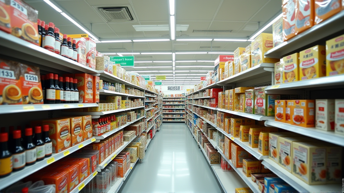 ドラッグストアの食品売り場に並ぶ調味料やレトルト食品