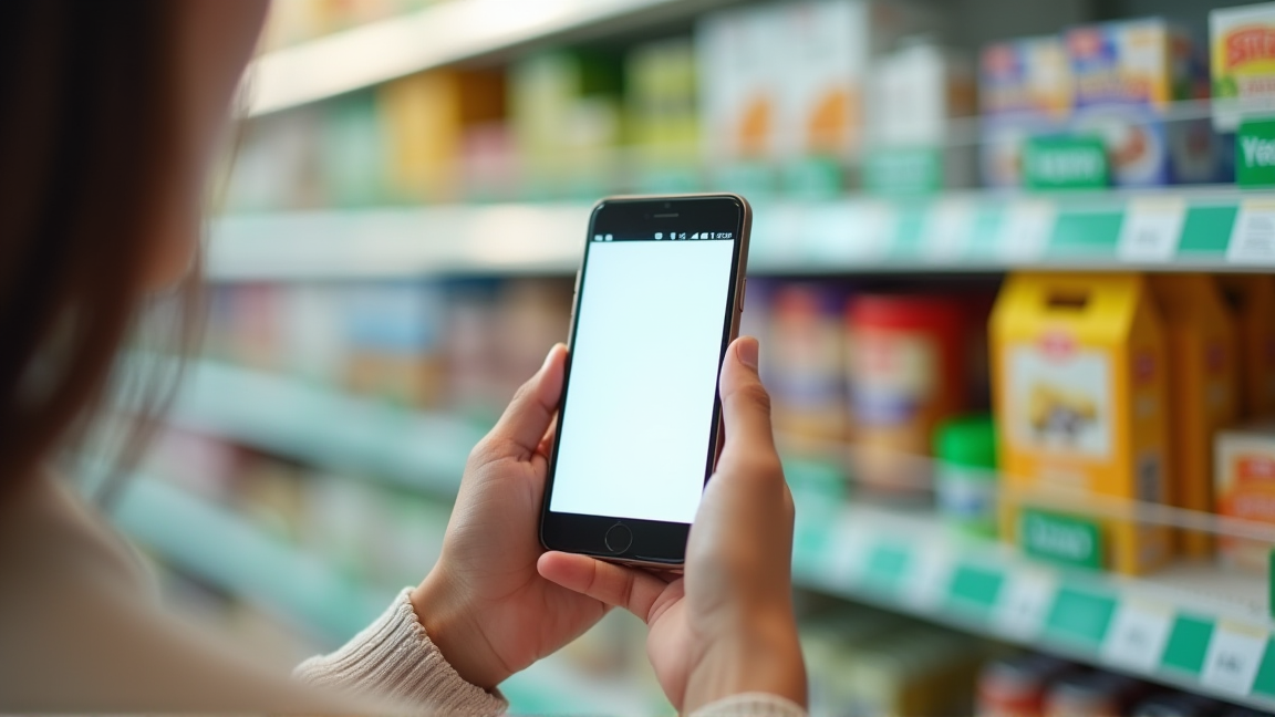 スマートフォンでドラッグストアのアプリクーポンを確認する手元