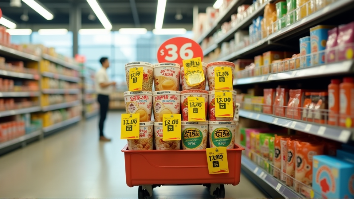 ドラッグストアの特売ワゴンに並ぶカップ麺やお菓子