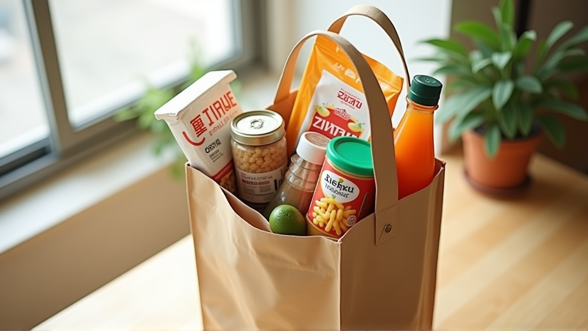 買い物袋に入ったドラッグストアで購入した食品