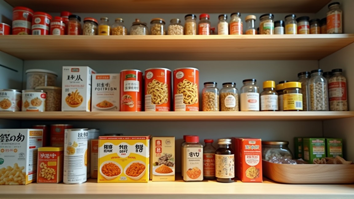 整理されたキッチンの食品棚にドラッグストアで買った保存食品が並ぶ様子