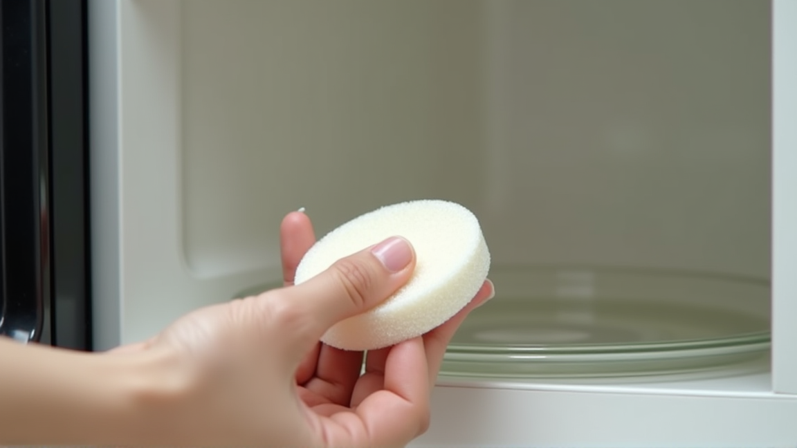 メラミンスポンジで電子レンジ庫内を掃除する手元