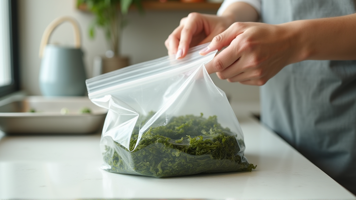 小分けにされた戻しひじきをフリーザーバッグに入れる様子