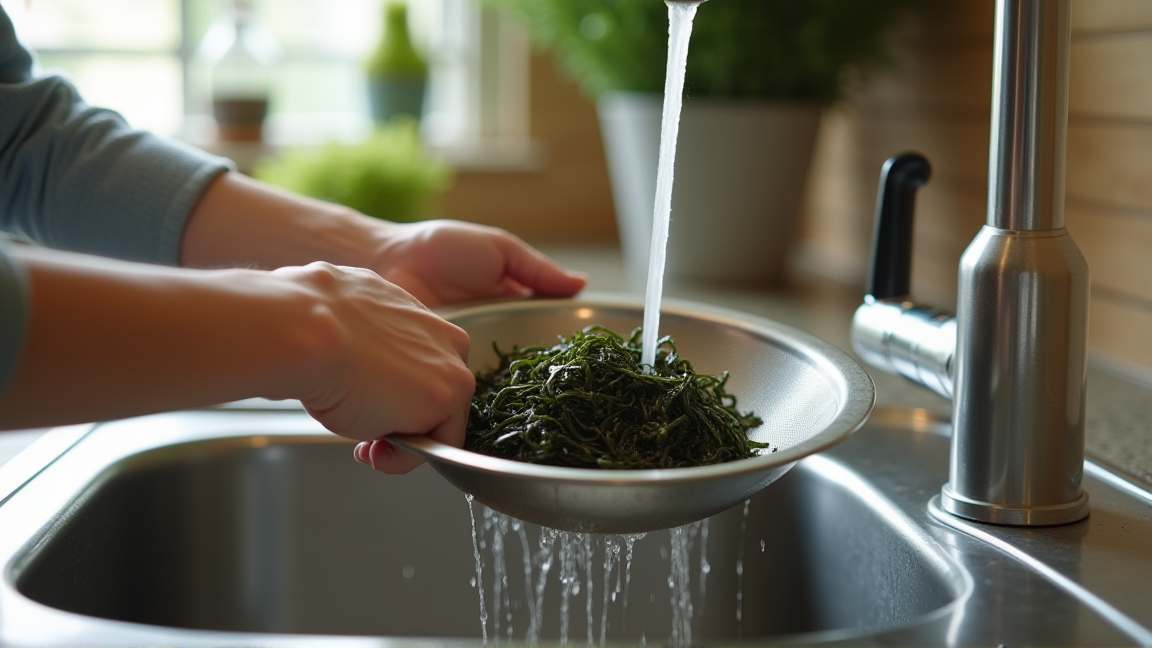 ザルに上げて水切りしたひじきと流水