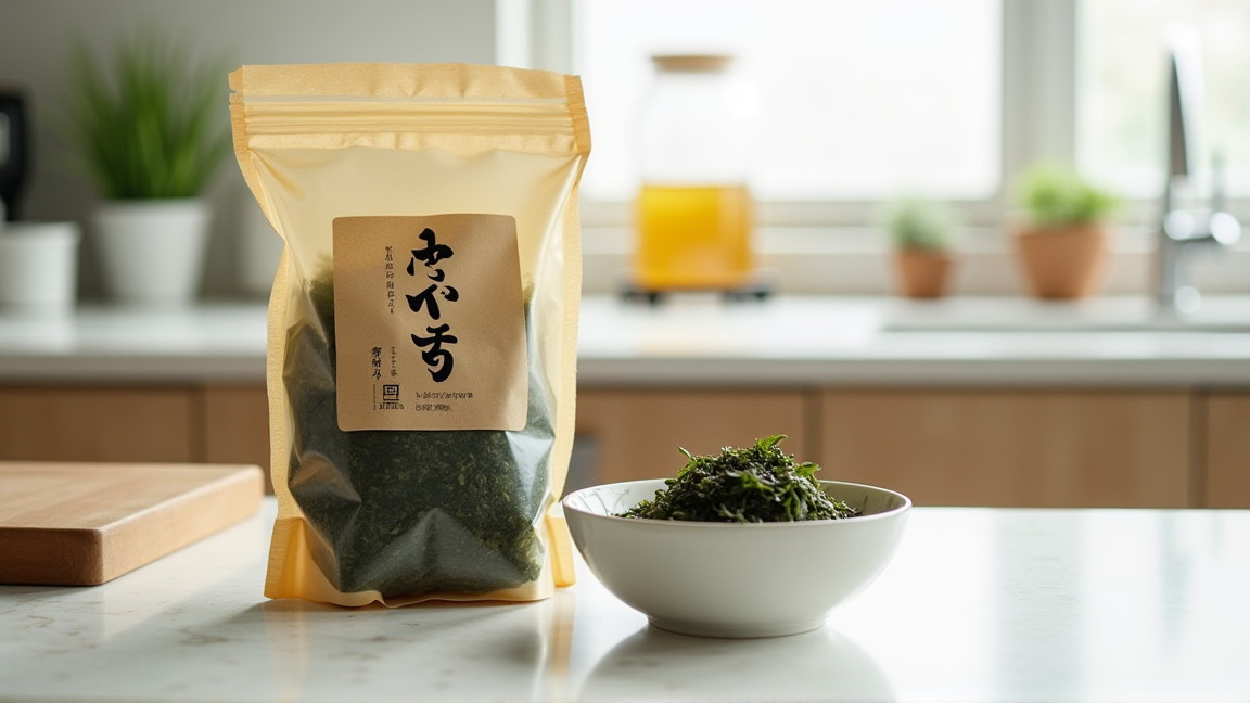 キッチンに並ぶ乾燥ひじきのパッケージと戻したひじき