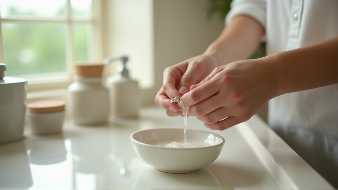 洗面台で指輪を中性洗剤で洗っている手元