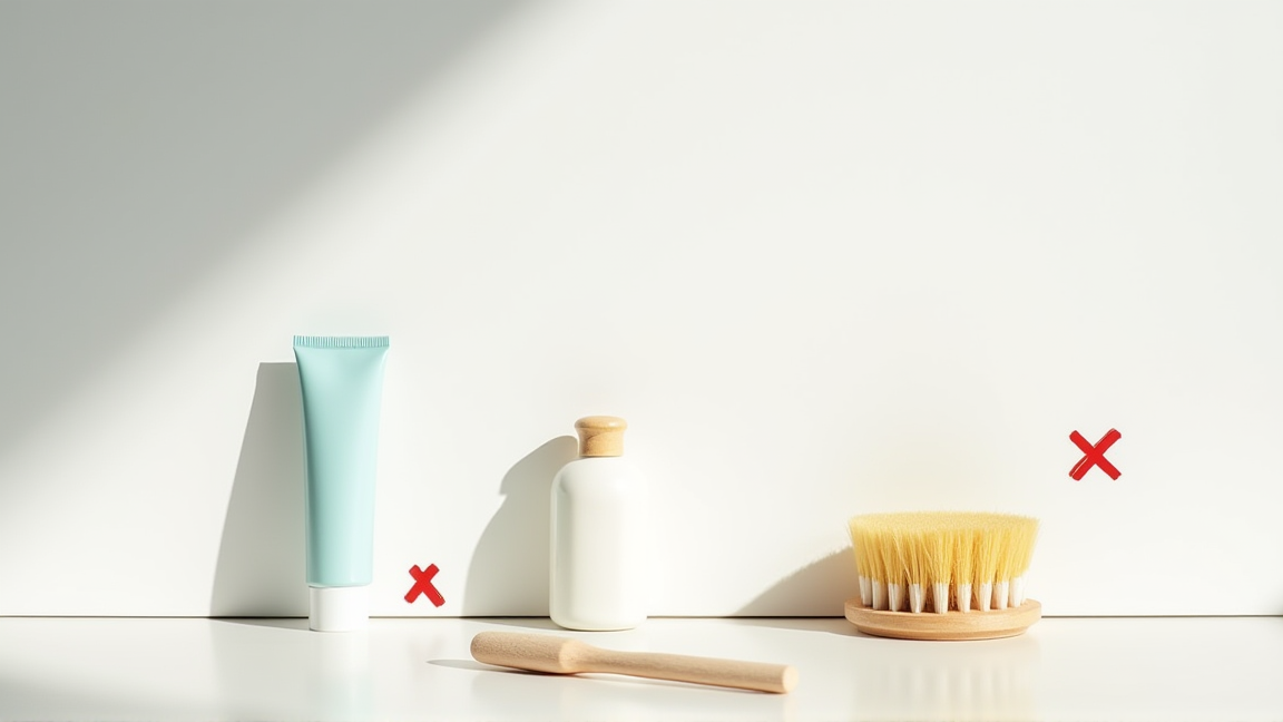 指輪の掃除で使ってはいけないアイテム（歯磨き粉や漂白剤のボトル）が並ぶ様子