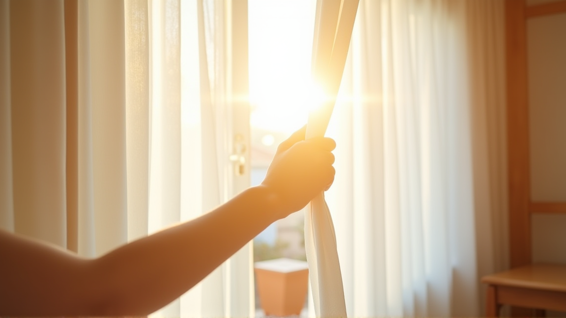 朝日が差し込む寝室でカーテンを開ける手元
