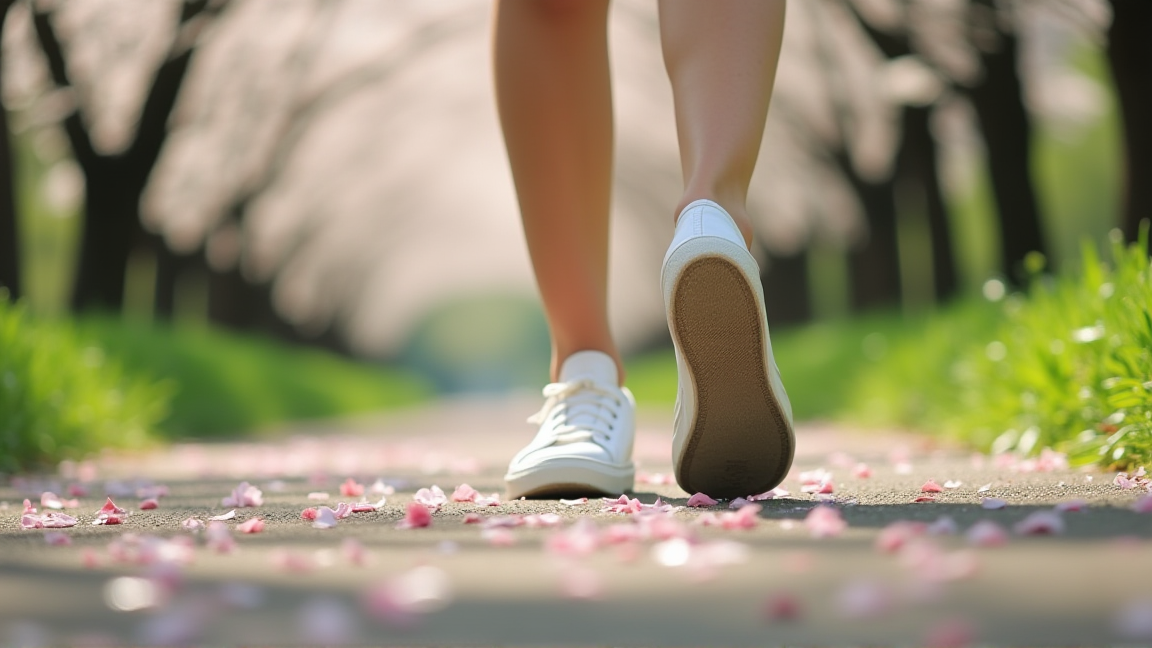 公園の緑道を歩く人の足元
