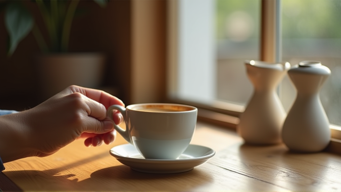 カフェでひとりコーヒーを飲む人の手元
