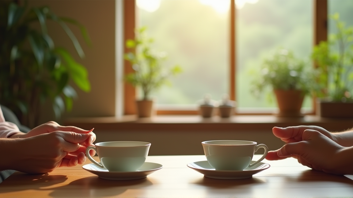 リビングで家族がリラックスしている様子の手元