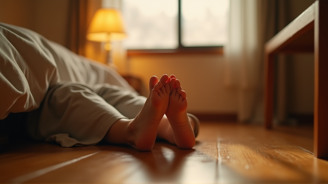 冬の夜に冷えた足先を手で温めている様子