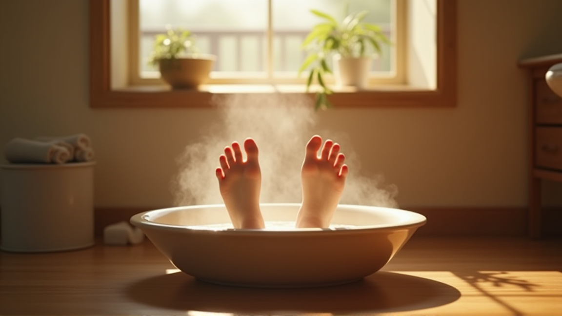洗面器で足湯をしている様子
