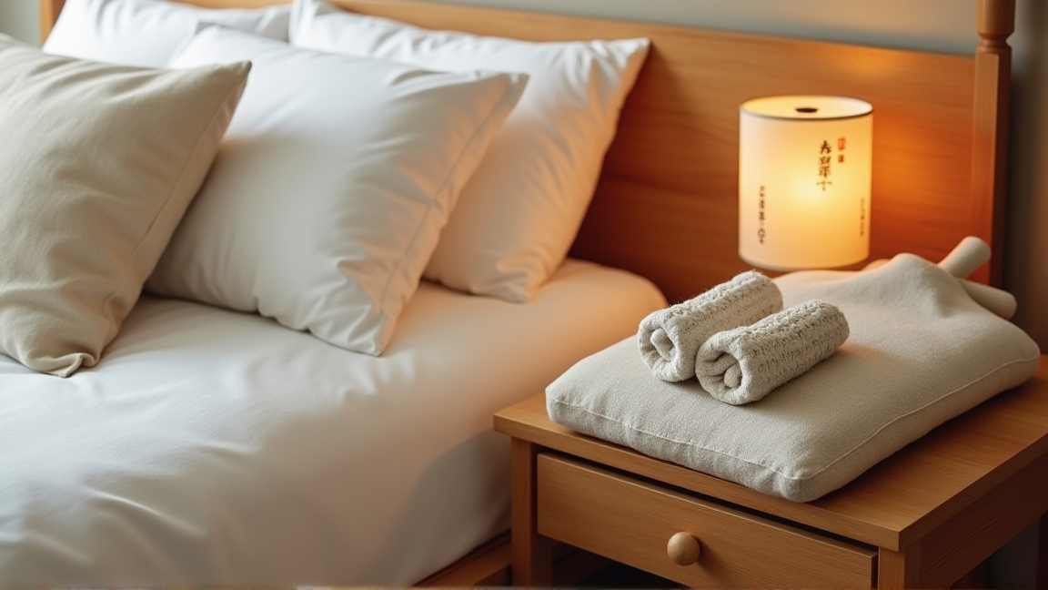 湯たんぽとレッグウォーマーが置かれた冬のベッドサイド