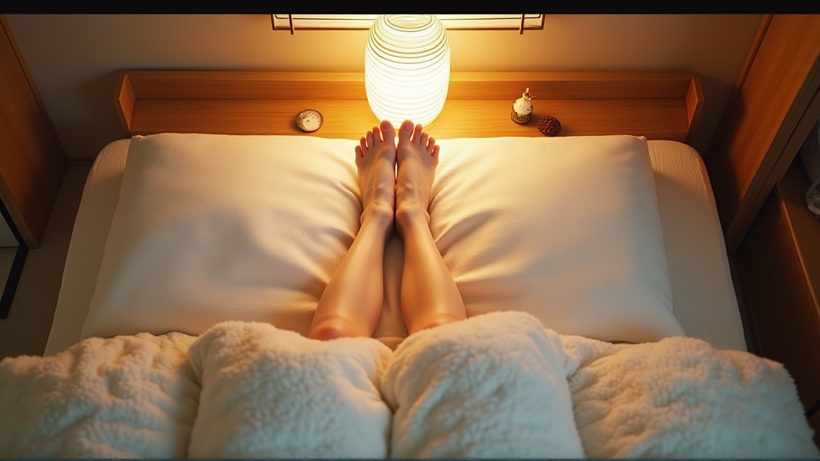 冬のベッドで足元に湯たんぽを入れてくつろぐ様子