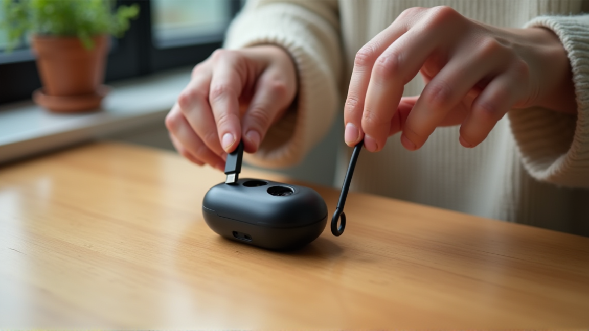 充電ケースとUSBケーブルを接続する手元の様子