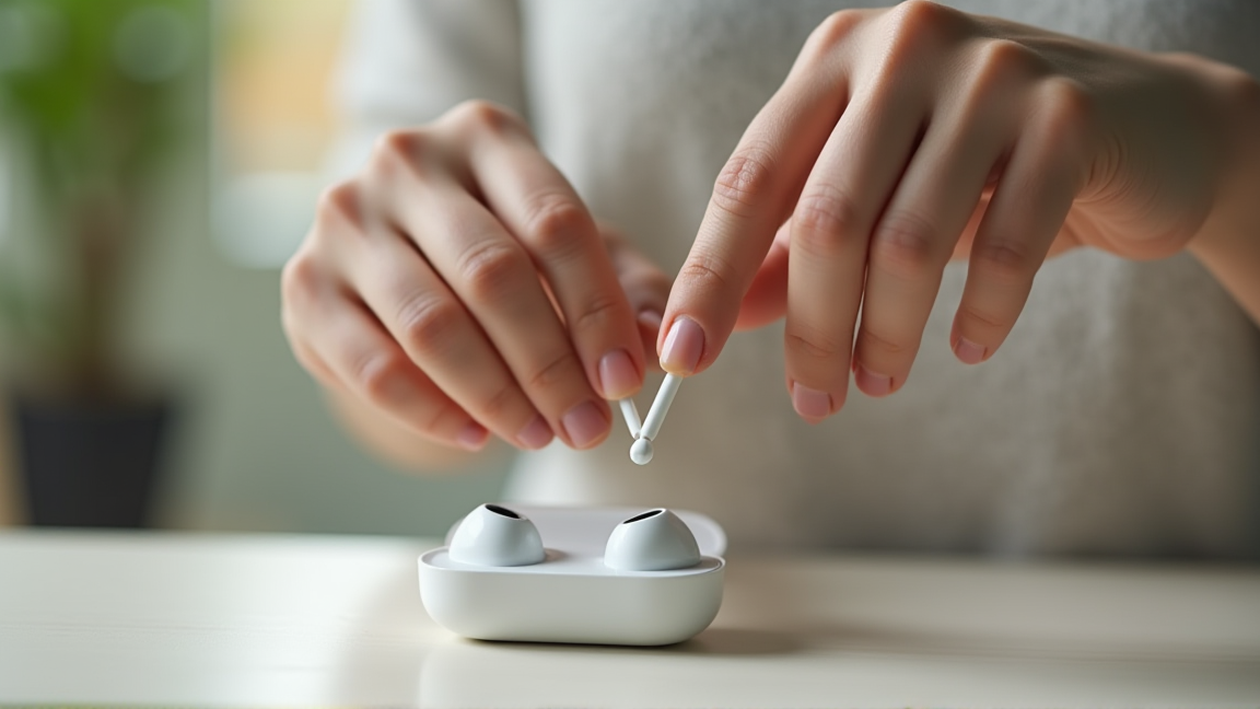 綿棒でイヤホンの充電端子を掃除する手元