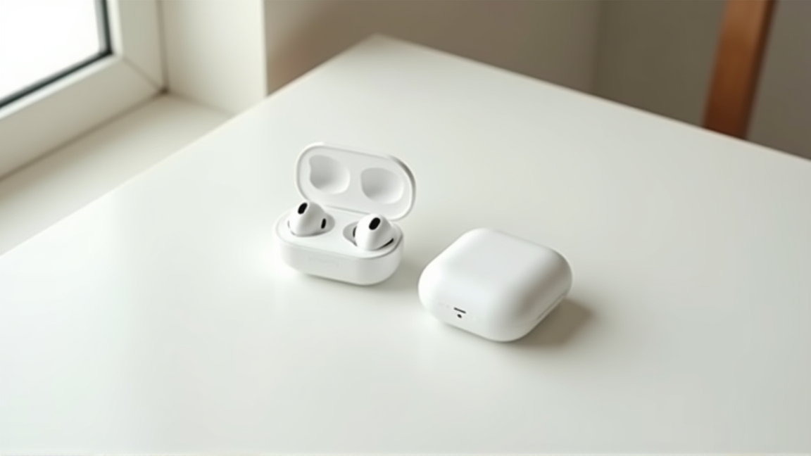 デスクの上に置かれたワイヤレスイヤホンと充電ケース