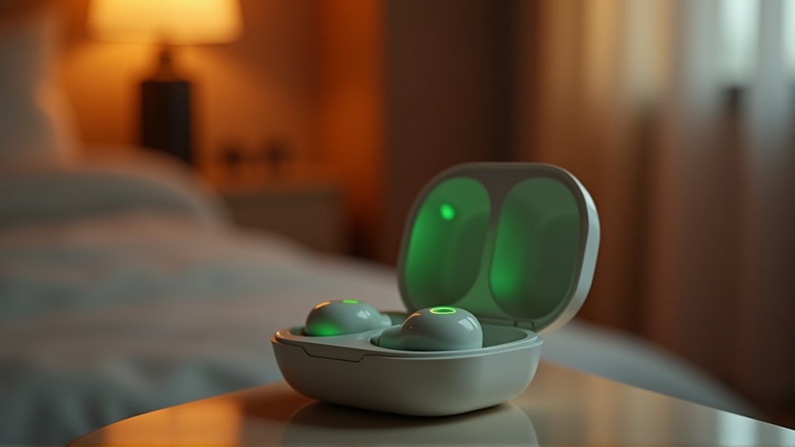 充電ケースにイヤホンを戻して充電ランプが点灯している様子