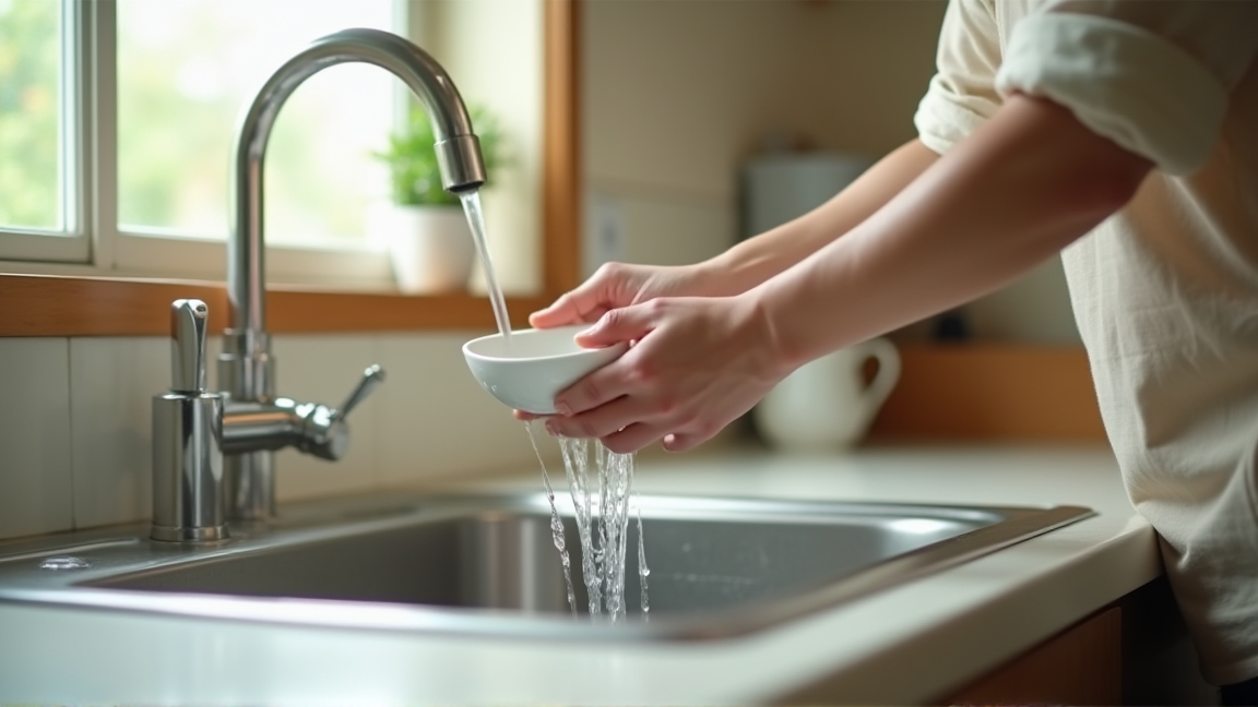 一人暮らしのキッチンで蛇口から水が流れている様子