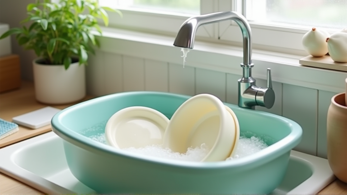 洗い桶に食器をつけ置きしている様子