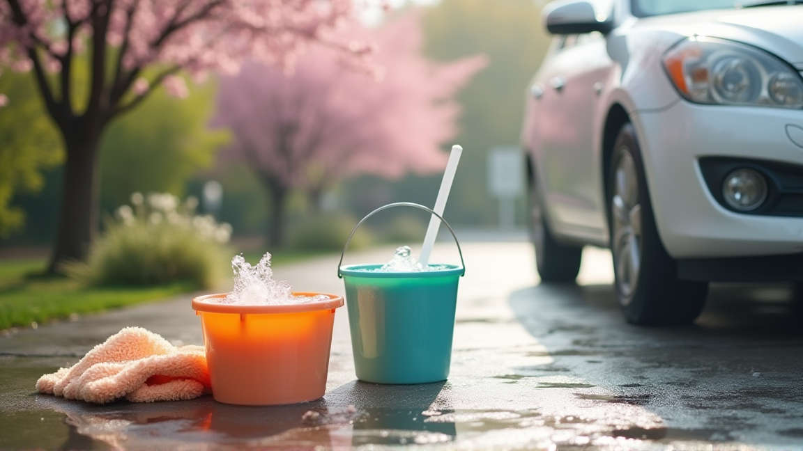 バケツと泡立てたカーシャンプーで車を洗う様子