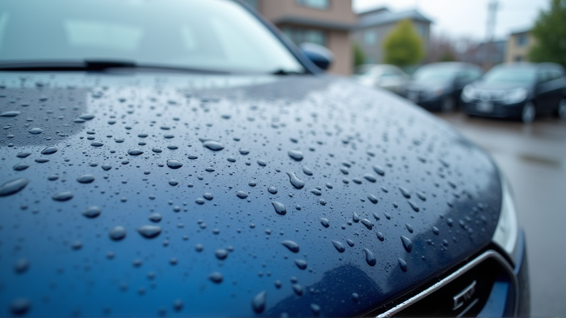 コーティングされた車のボディに水が玉のように弾かれている様子