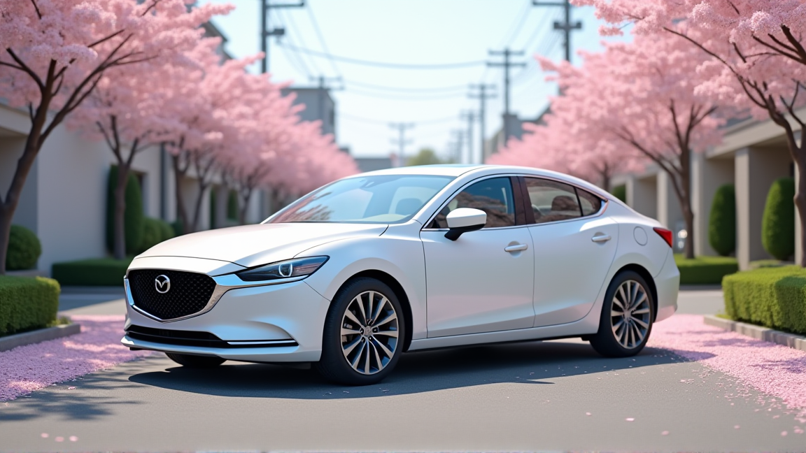 春の穏やかな日に綺麗に洗車された車が駐車場に停まっている様子