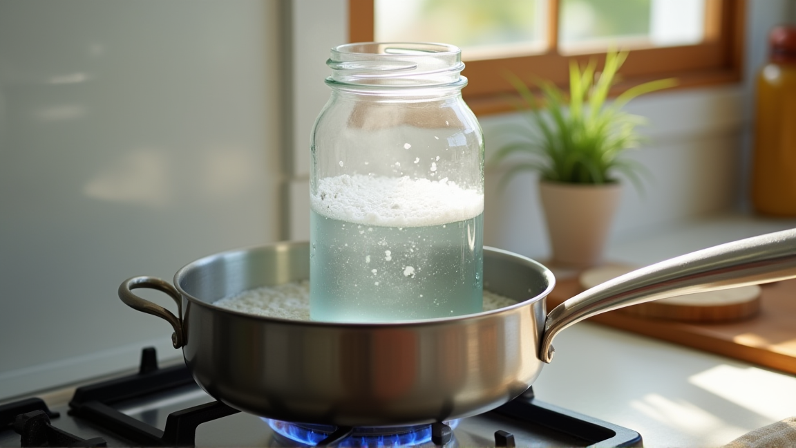 煮沸消毒したガラス瓶とキッチン用品