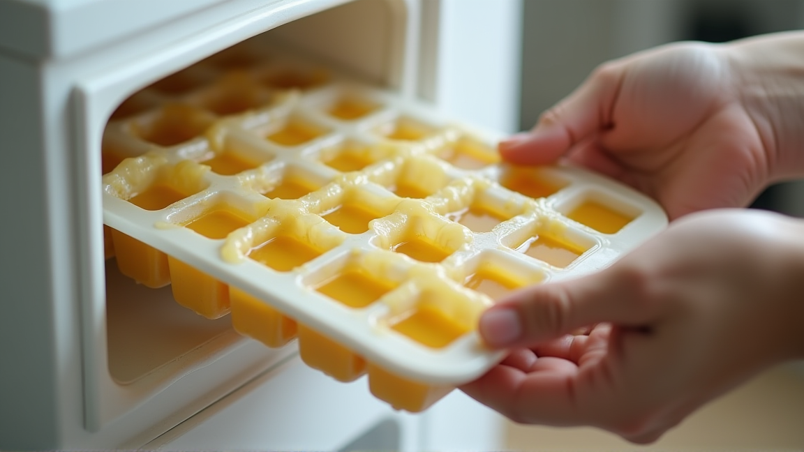 製氷皿に入れたドレッシングを冷凍する様子