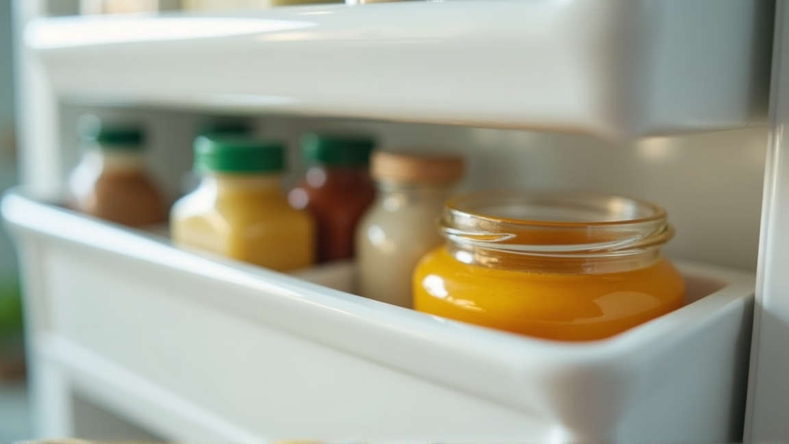 冷蔵庫のドアポケットに並ぶ調味料ボトル