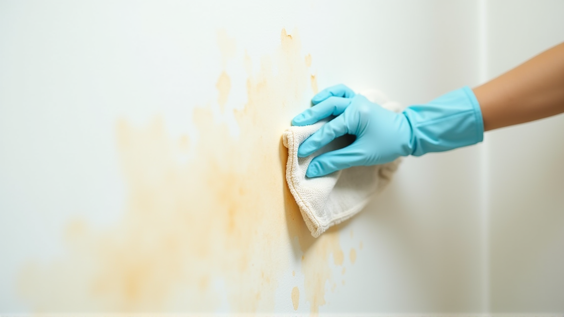 壁を雑巾で下から上に拭いている手元