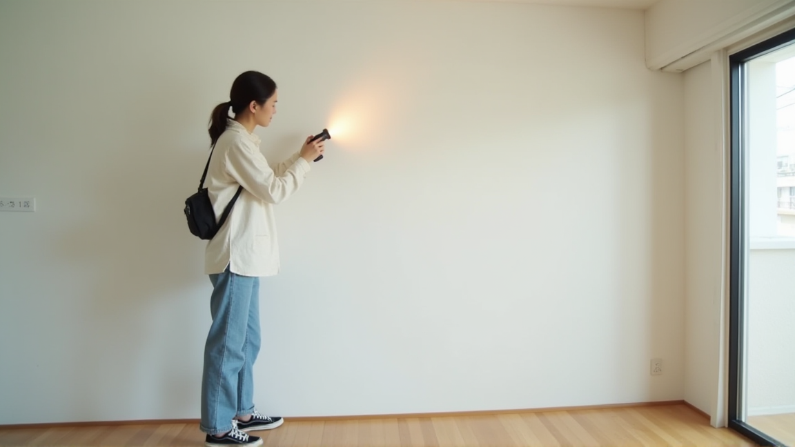 賃貸アパートの壁を点検している様子