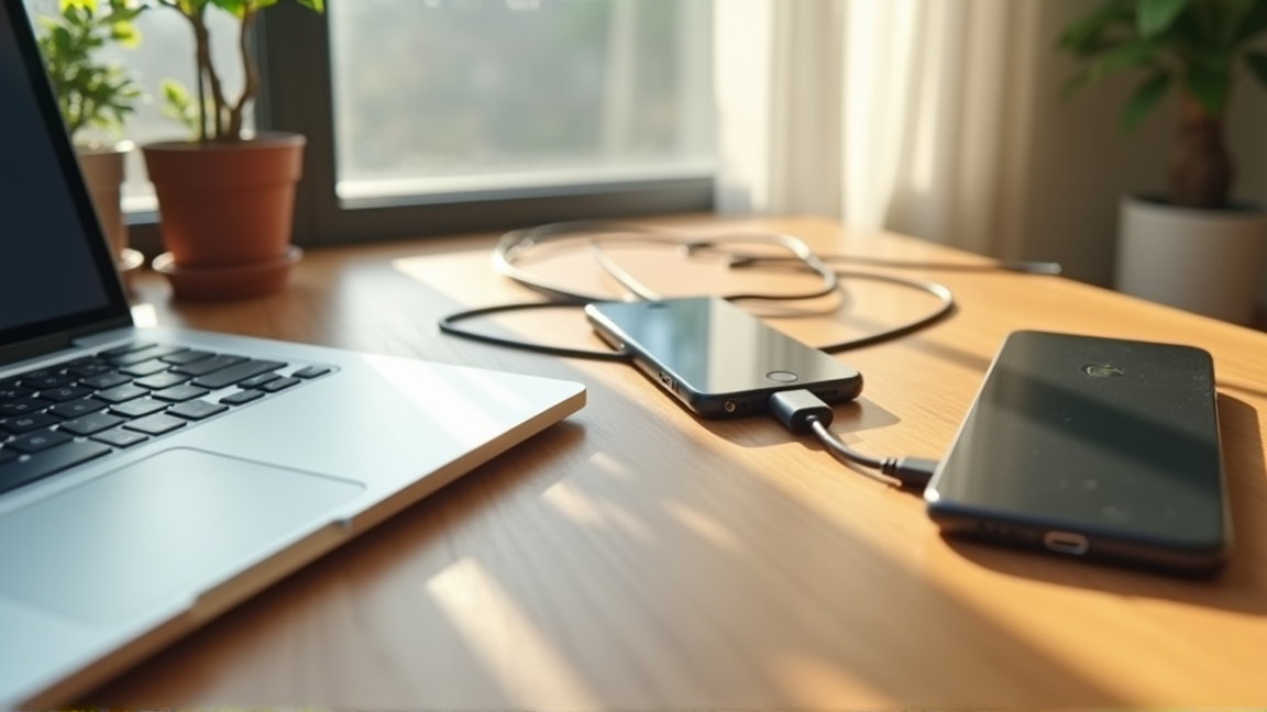 デスクの上に置かれたスマホとパソコンと充電ケーブル