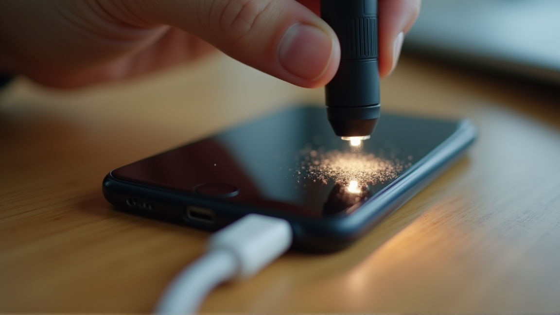 スマホの充電ポートを拡大して見ている様子