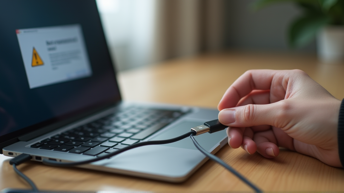 パソコンのUSBポートにケーブルを接続する手元