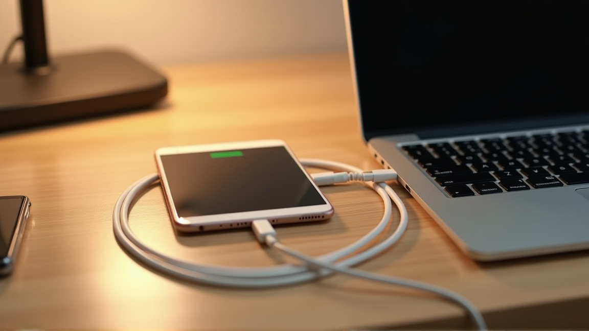 きれいに整理されたデスクで充電中のスマホとパソコン