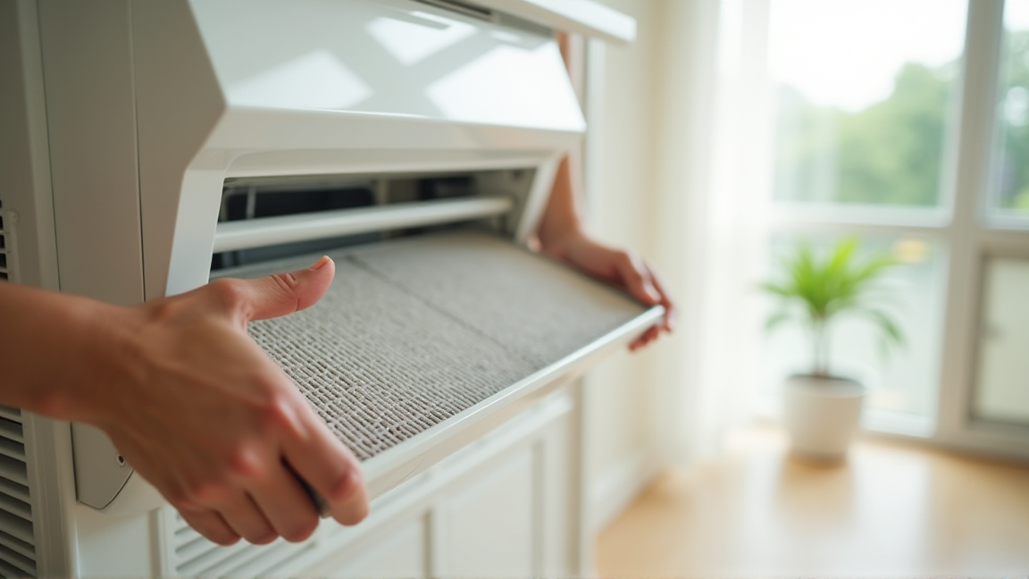 エアコンのフィルターを掃除する手元
