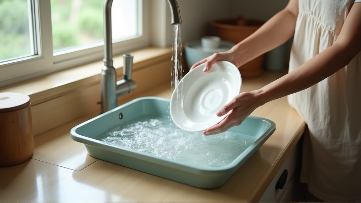 キッチンのシンクで食器を洗う手元と洗い桶