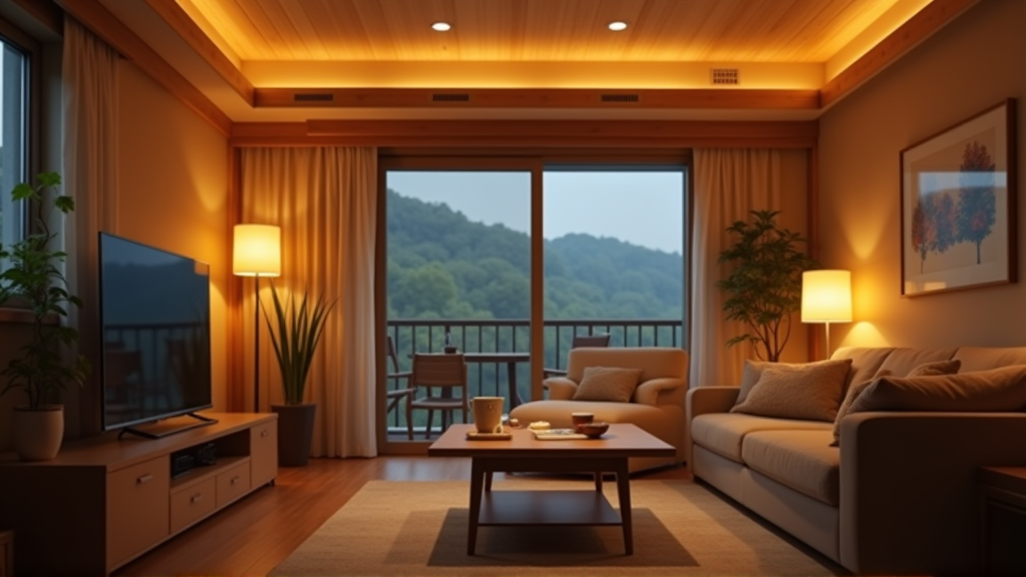 リビングでLED照明の下くつろぐ家族の空間