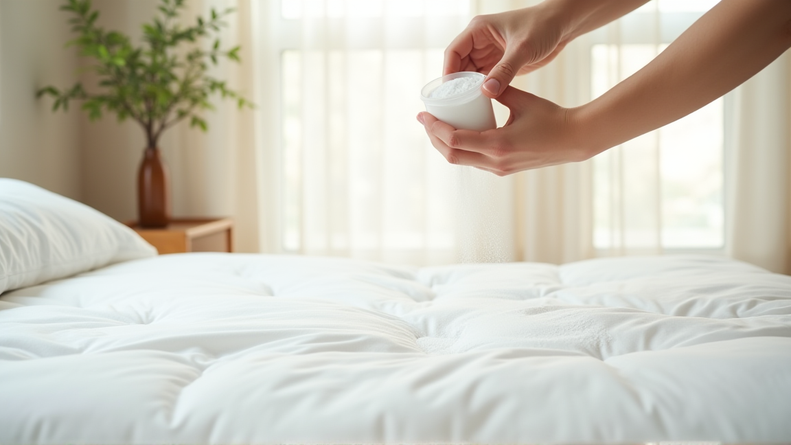 マットレスに重曹を振りかける様子