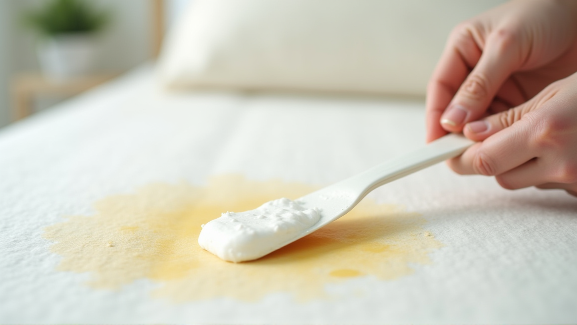 重曹ペーストをマットレスのシミに塗る手元