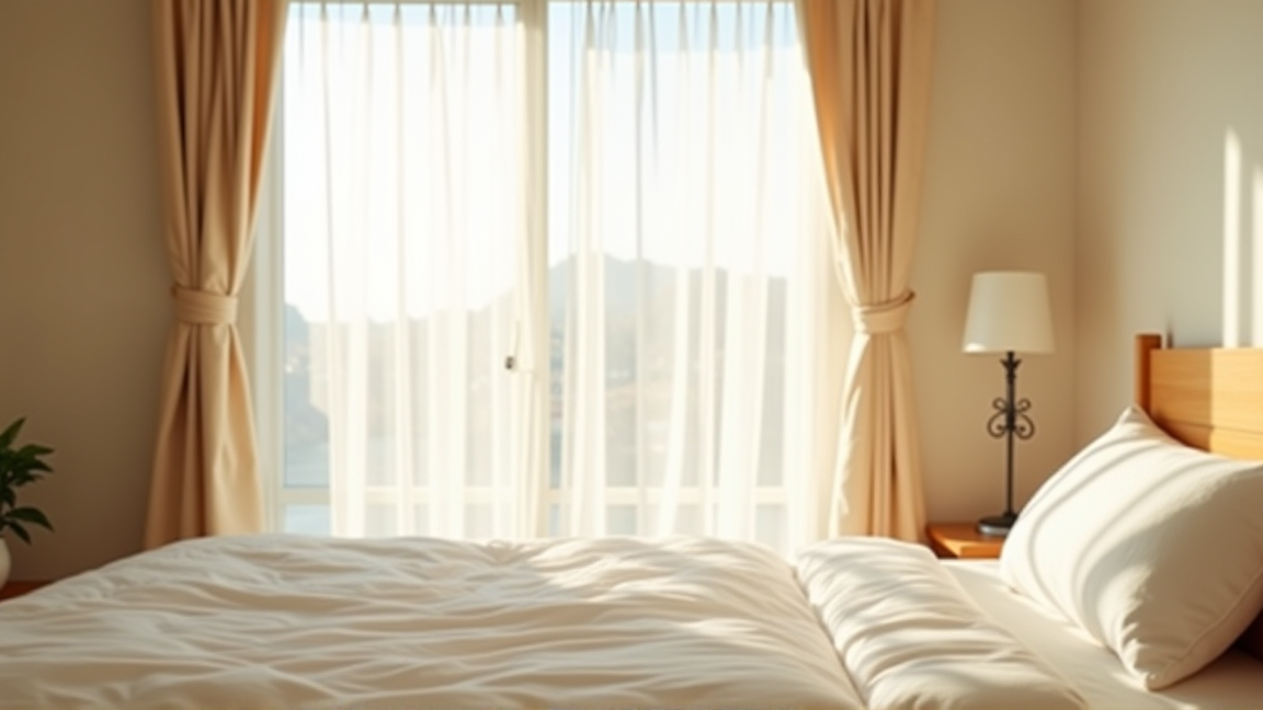 朝日が差し込む清潔なベッドルーム