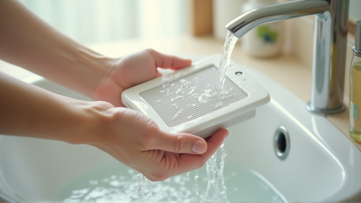 エアコンのフィルターをシャワーで洗っている手元