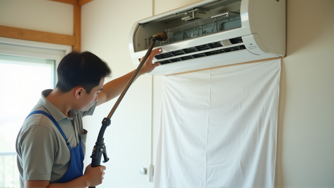 プロがエアコン内部を高圧洗浄している様子